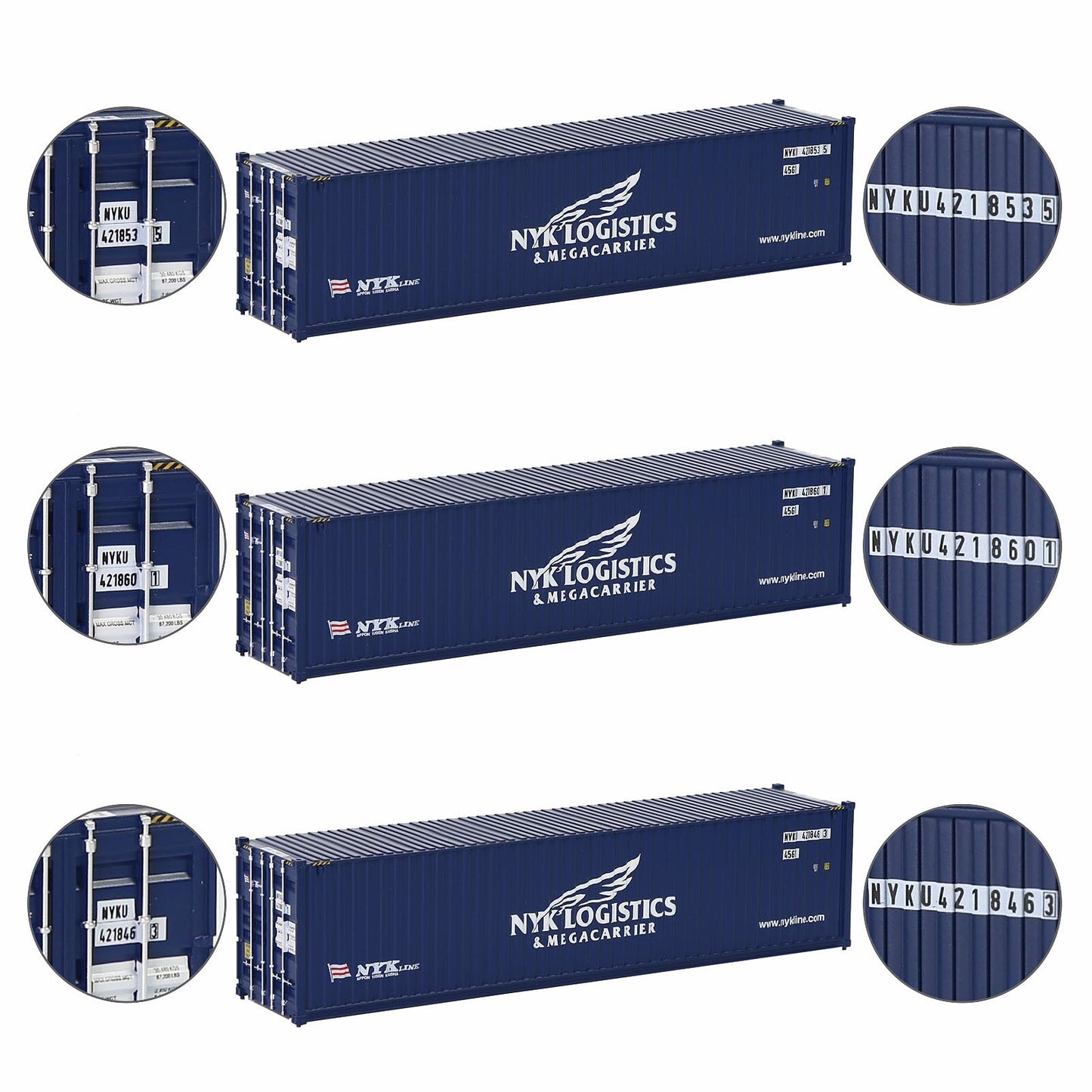 Evemodel 3pcs Same HO Scale 1:87 40ft Shipping Containers 40' Cargo Box Different Road Name C8746