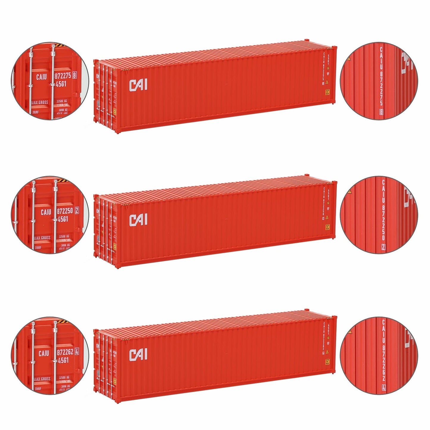 Evemodel 3pcs Same HO Scale 1:87 40ft Shipping Containers 40' Cargo Box Different Road Name C8746