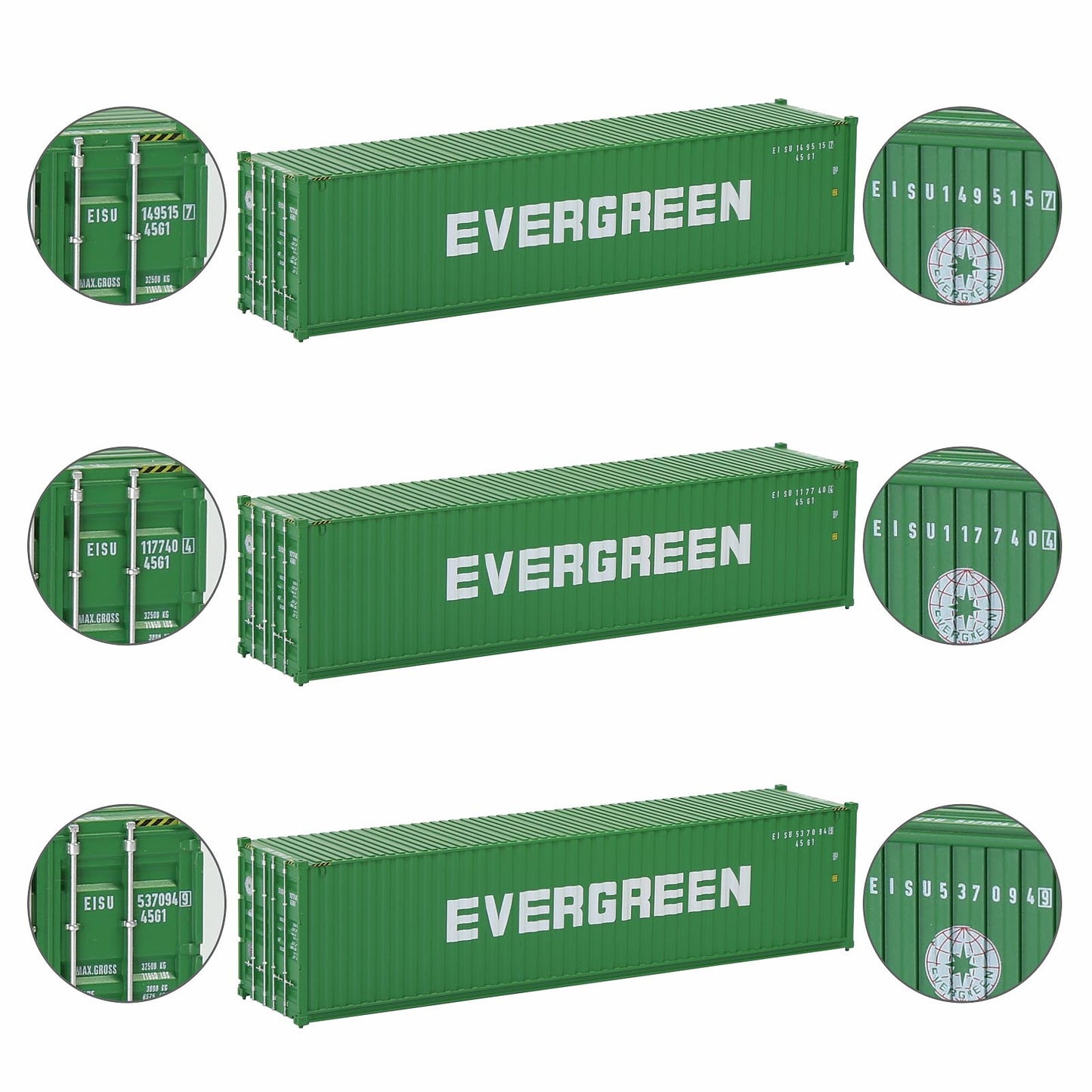 Evemodel 3pcs Same HO Scale 1:87 40ft Shipping Containers 40' Cargo Box Different Road Name C8746