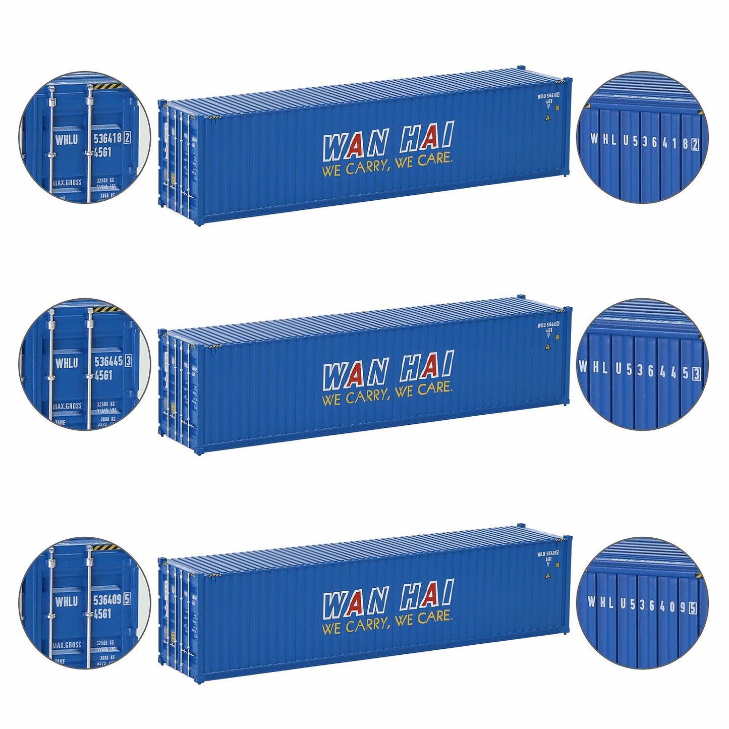 Evemodel 3pcs Same HO Scale 1:87 40ft Shipping Containers 40' Cargo Box Different Road Name C8746