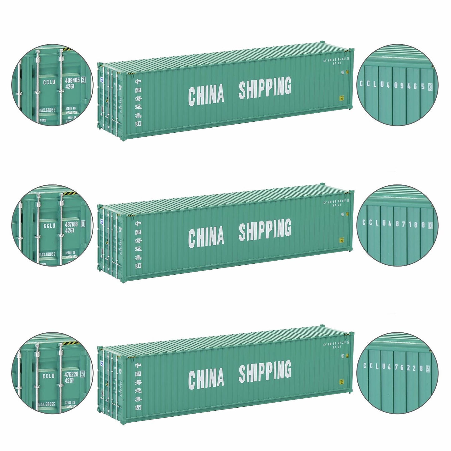 Evemodel 3pcs Same HO Scale 1:87 40ft Shipping Containers 40' Cargo Box Different Road Name C8746