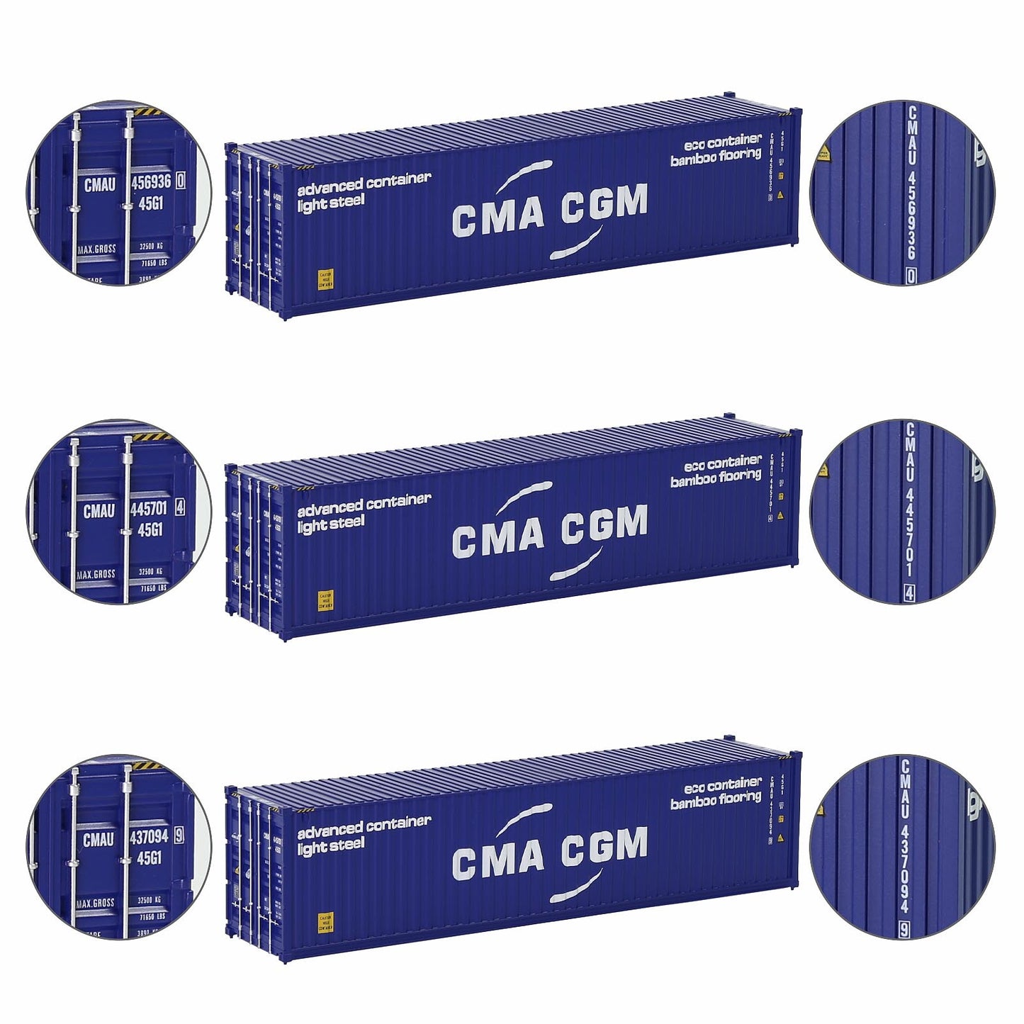 Evemodel 3pcs Same HO Scale 1:87 40ft Shipping Containers 40' Cargo Box Different Road Name C8746