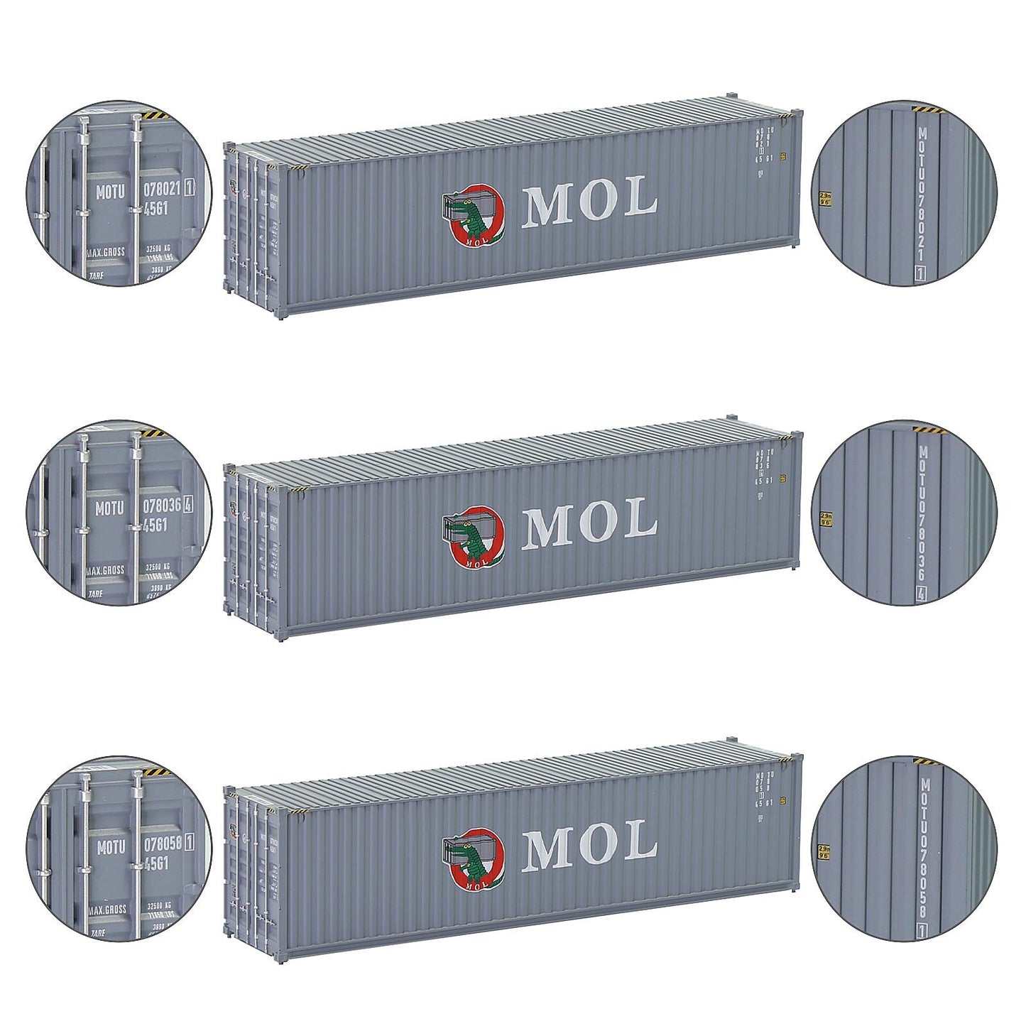 Evemodel 3pcs Same HO Scale 1:87 40ft Shipping Containers 40' Cargo Box Different Road Name C8746