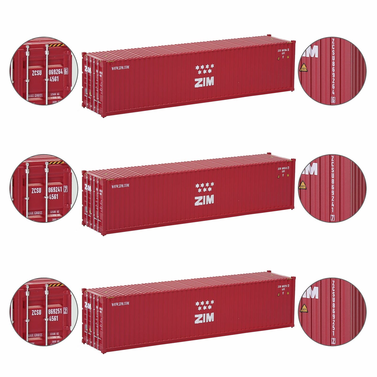 Evemodel 3pcs Same HO Scale 1:87 40ft Shipping Containers 40' Cargo Box Different Road Name C8746