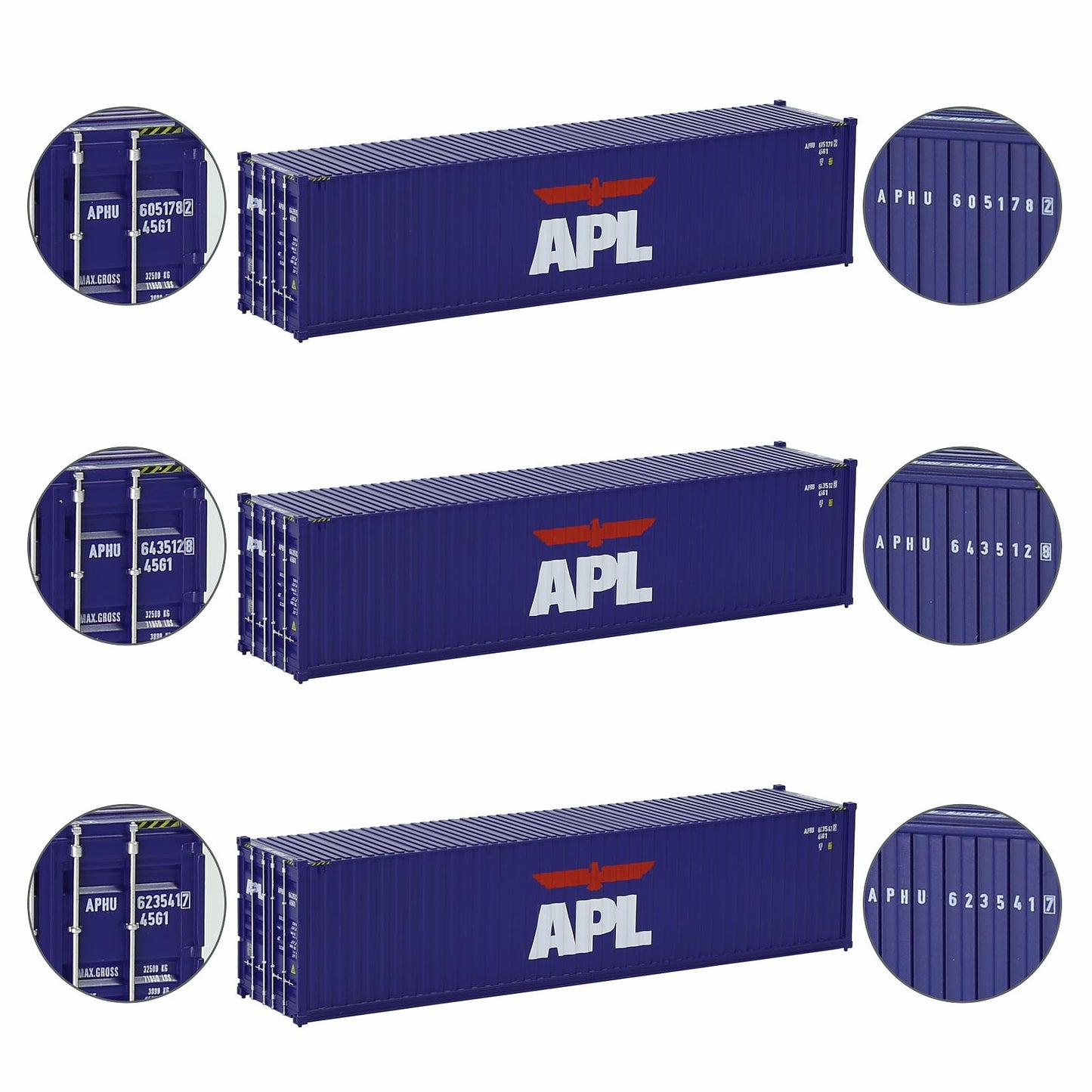 Evemodel 3pcs Same HO Scale 1:87 40ft Shipping Containers 40' Cargo Box Different Road Name C8746