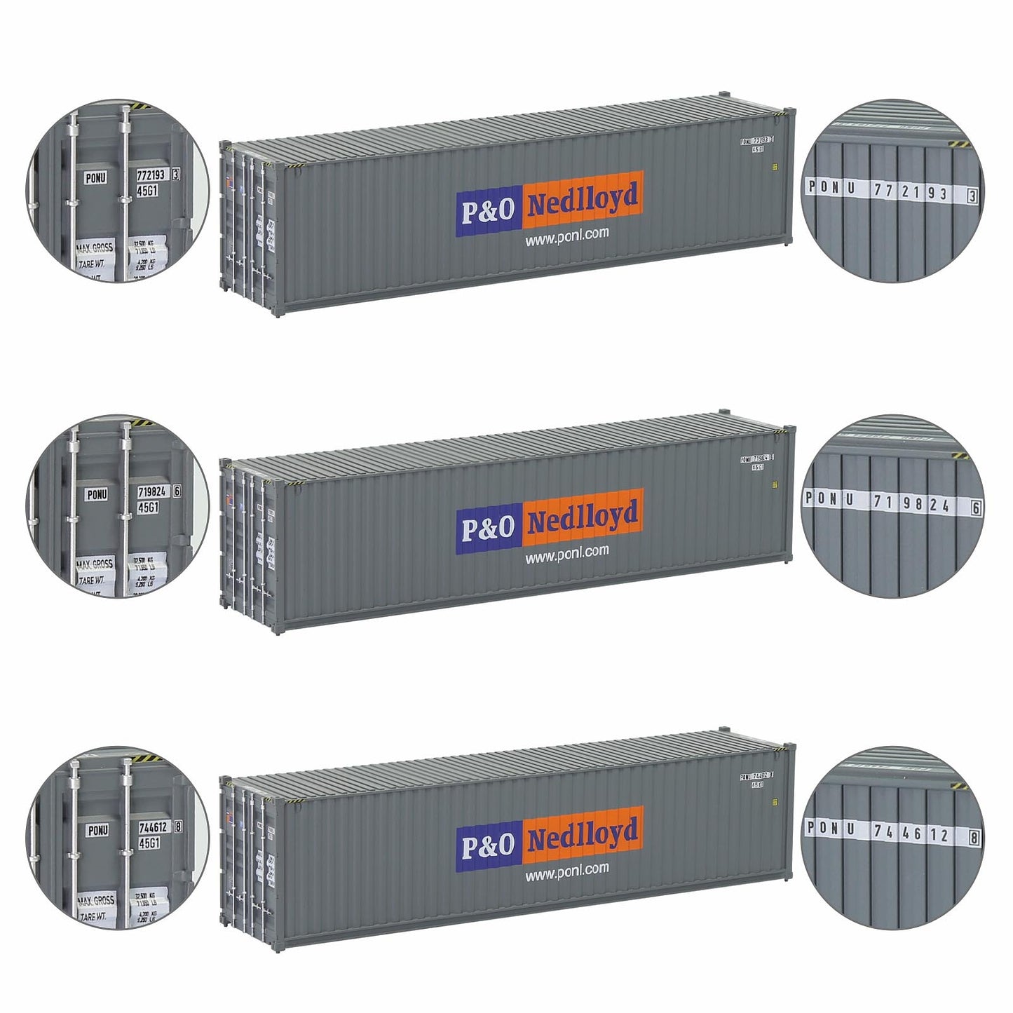 Evemodel 3pcs Same HO Scale 1:87 40ft Shipping Containers 40' Cargo Box Different Road Name C8746