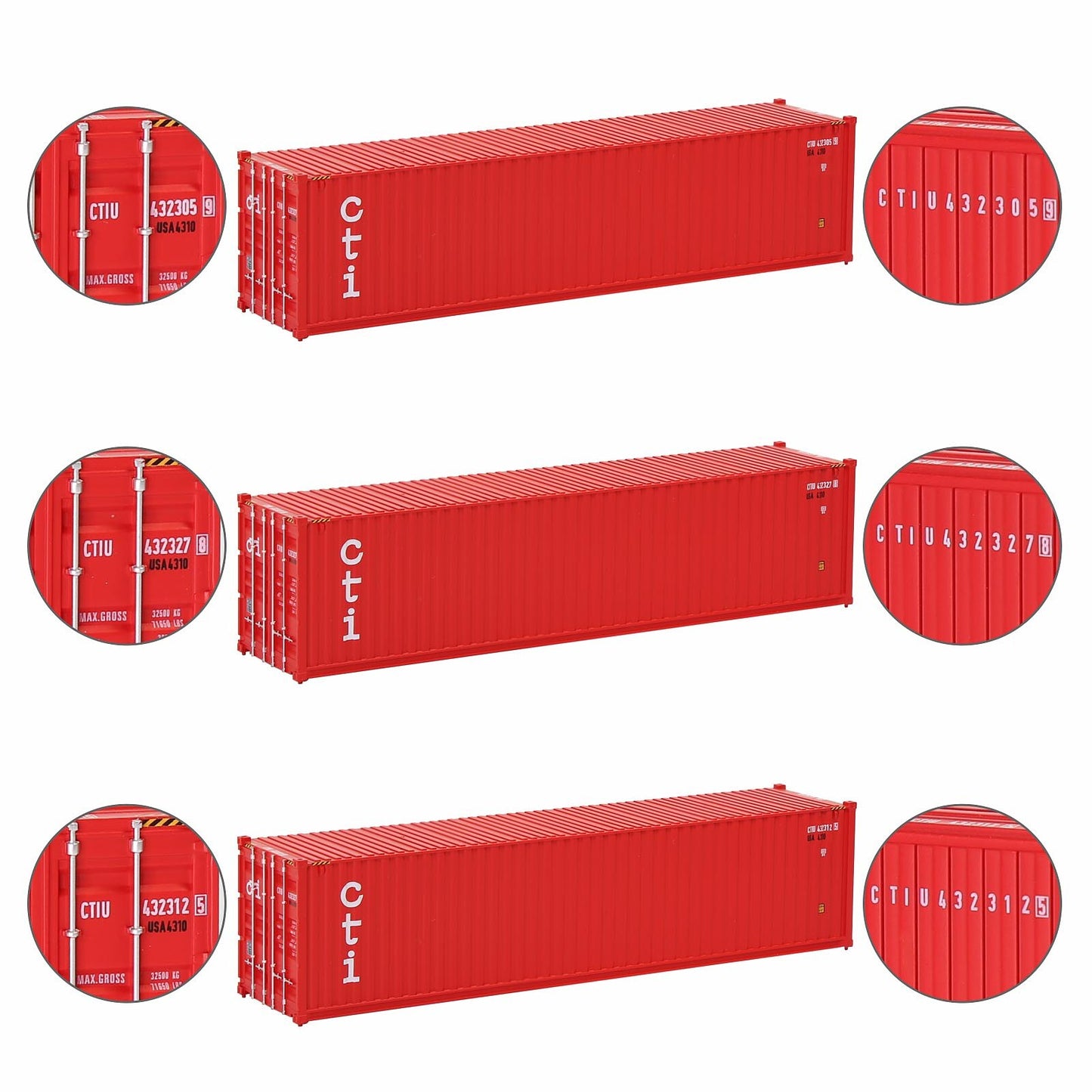 Evemodel 3pcs Same HO Scale 1:87 40ft Shipping Containers 40' Cargo Box Different Road Name C8746
