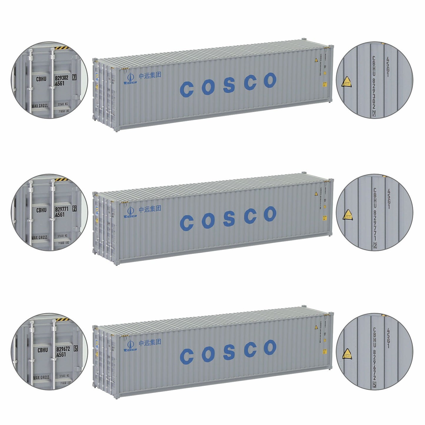 Evemodel 3pcs Same HO Scale 1:87 40ft Shipping Containers 40' Cargo Box Different Road Name C8746