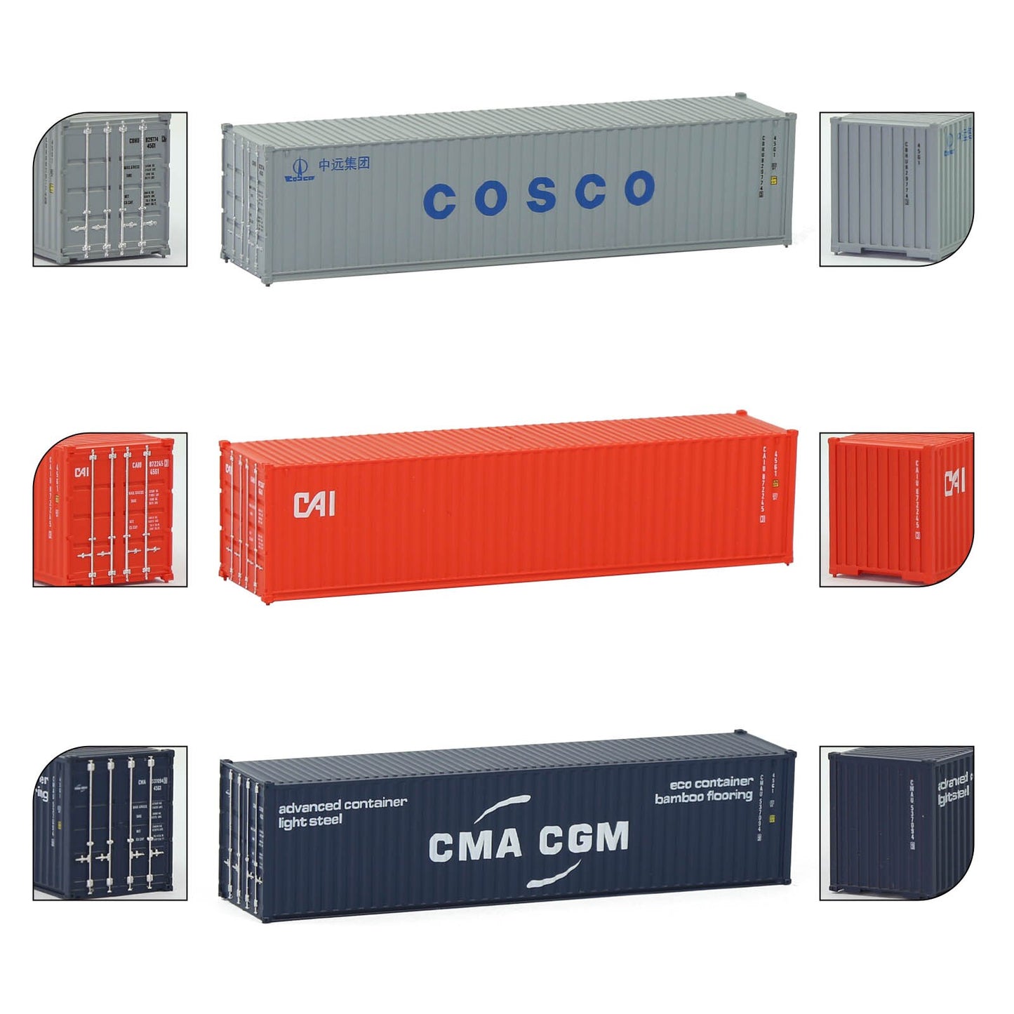 3pcs Mixed N Scale 40ft Containers 1:160 40' Shipping Cargo Box with Magnets C15008