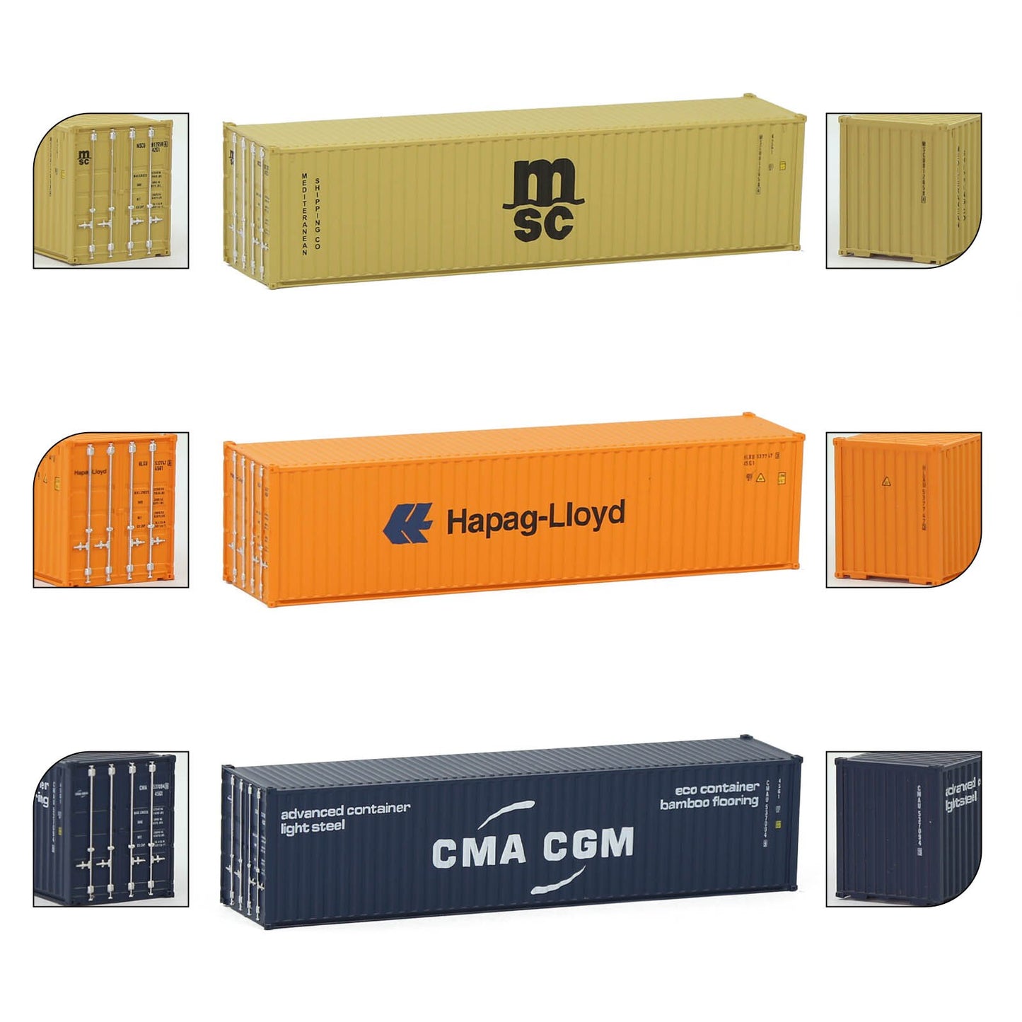 3pcs Mixed N Scale 40ft Containers 1:160 40' Shipping Cargo Box with Magnets C15008