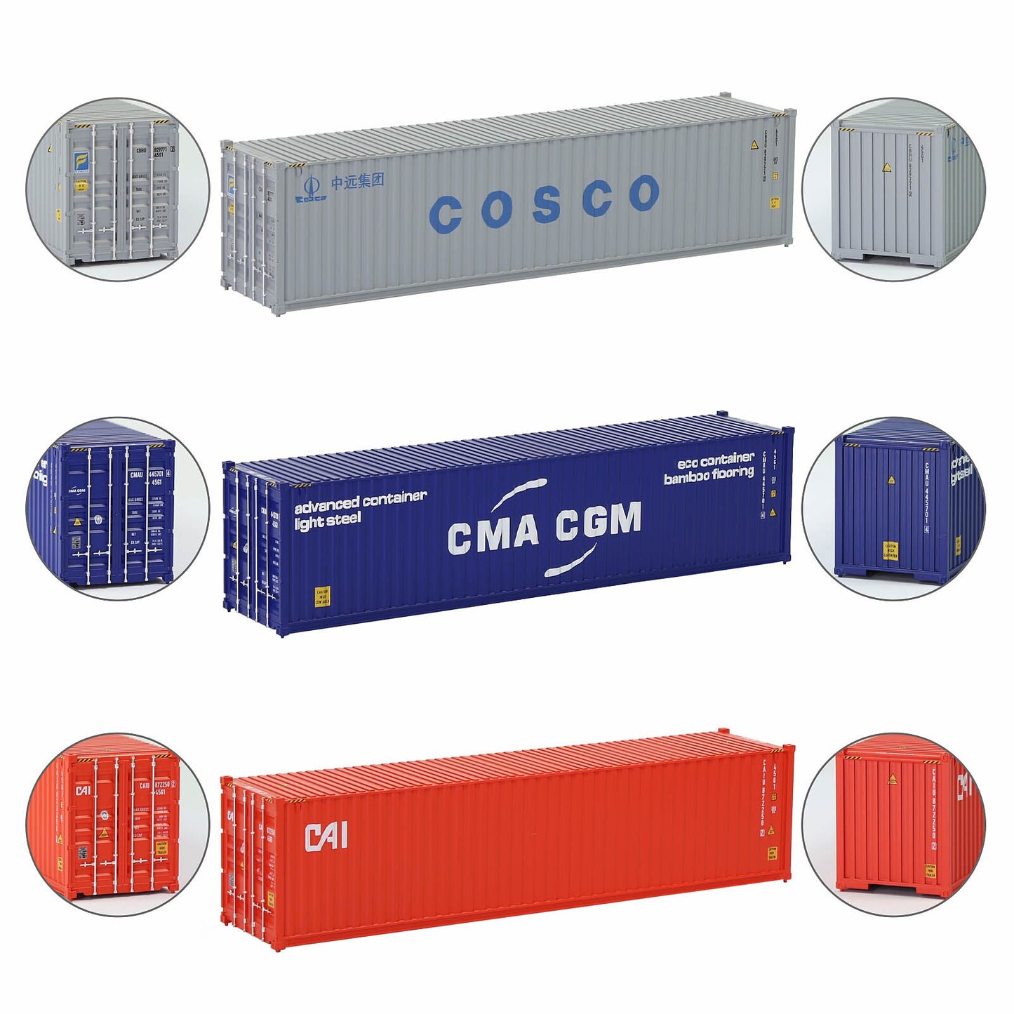 Evemodel 3pcs Mixed HO Scale 40ft Containers 1:87 40' Shipping Cargo Box C8746