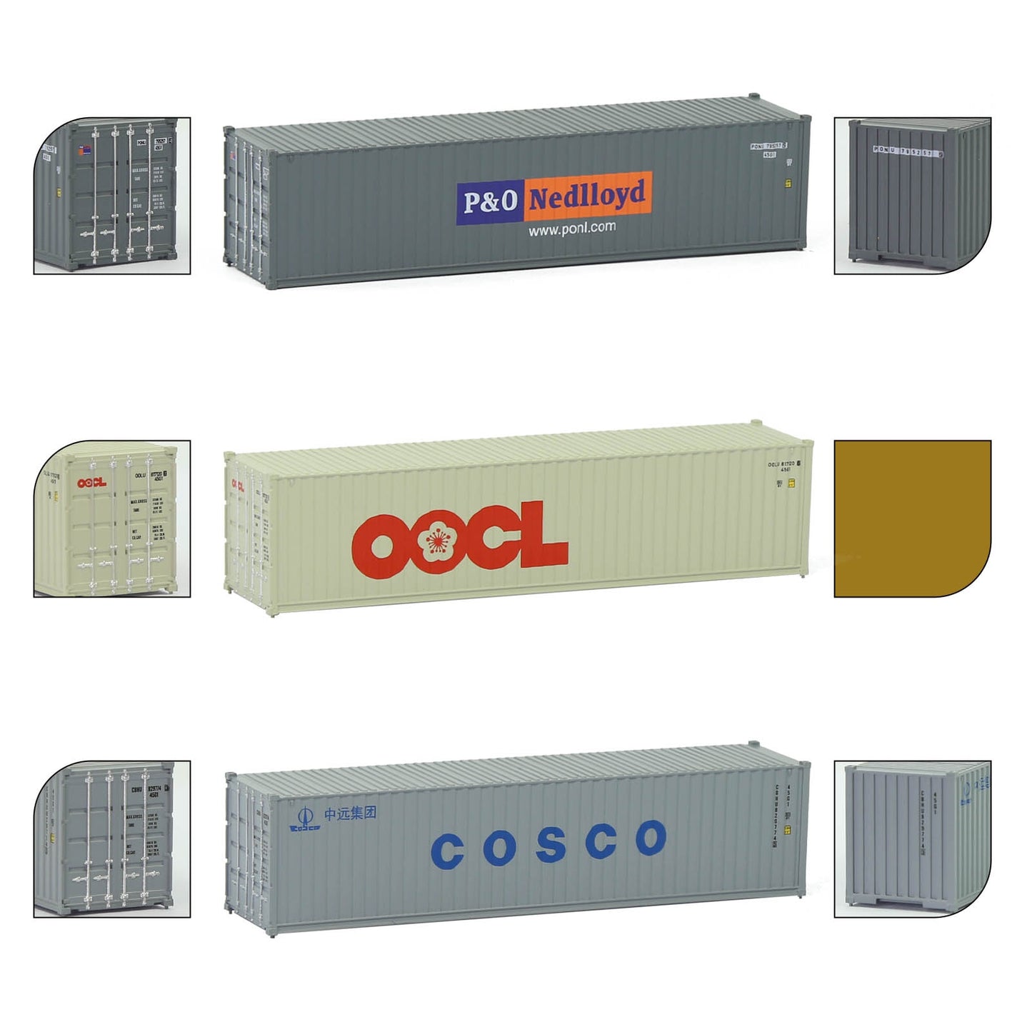 3pcs Mixed N Scale 40ft Containers 1:160 40' Shipping Cargo Box with Magnets C15008