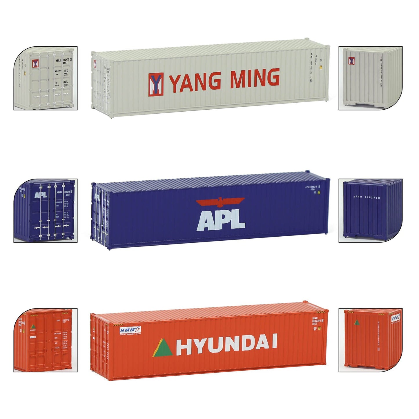 3pcs Mixed N Scale 40ft Containers 1:160 40' Shipping Cargo Box with Magnets C15008