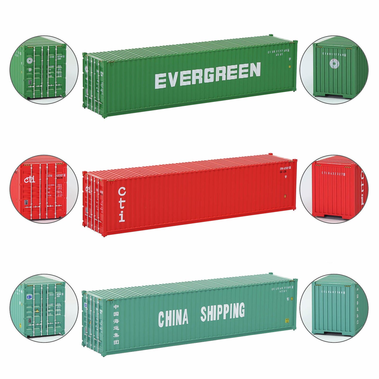 Evemodel 3pcs Mixed HO Scale 40ft Containers 1:87 40' Shipping Cargo Box C8746