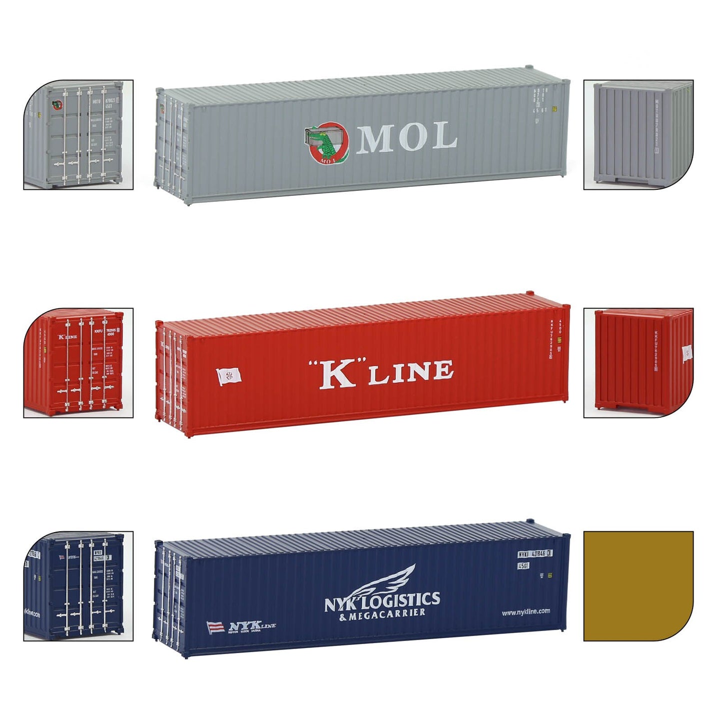 3pcs Mixed N Scale 40ft Containers 1:160 40' Shipping Cargo Box with Magnets C15008